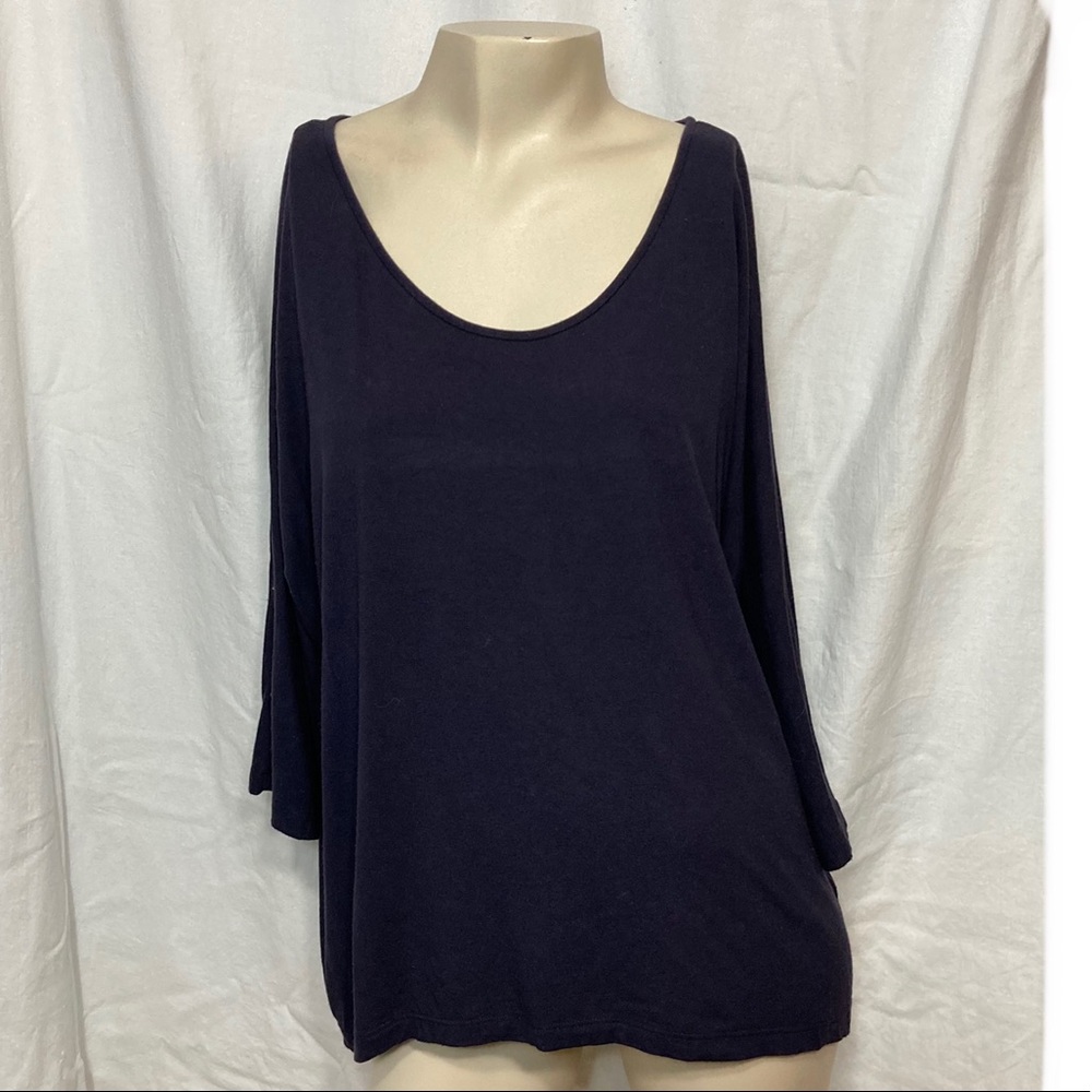 Eileen Fisher three quarter sleeve navy blue top knit jersey medium